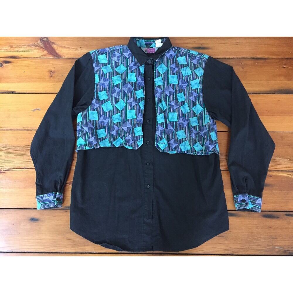 Vtg Cameo Rose Black Purple Aqua Geometric Square Western Cotton Shirt L 44"